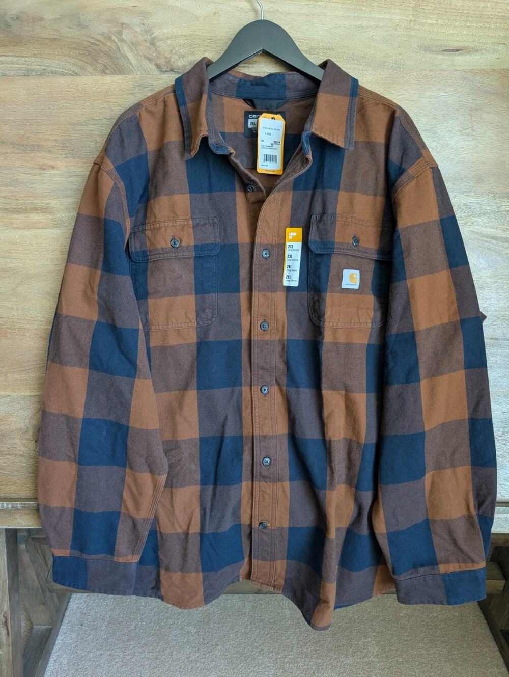 NWT Carhartt Flannel Shirt Mens 2XL Brown Navy Plaid Loose Heavyweight TW4451-M